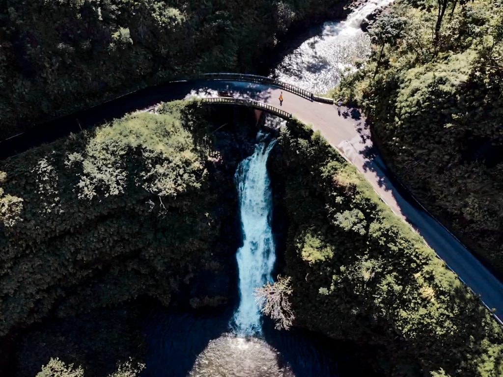 Drone shot of Makapipi Falls on the Road to Hana roadside 